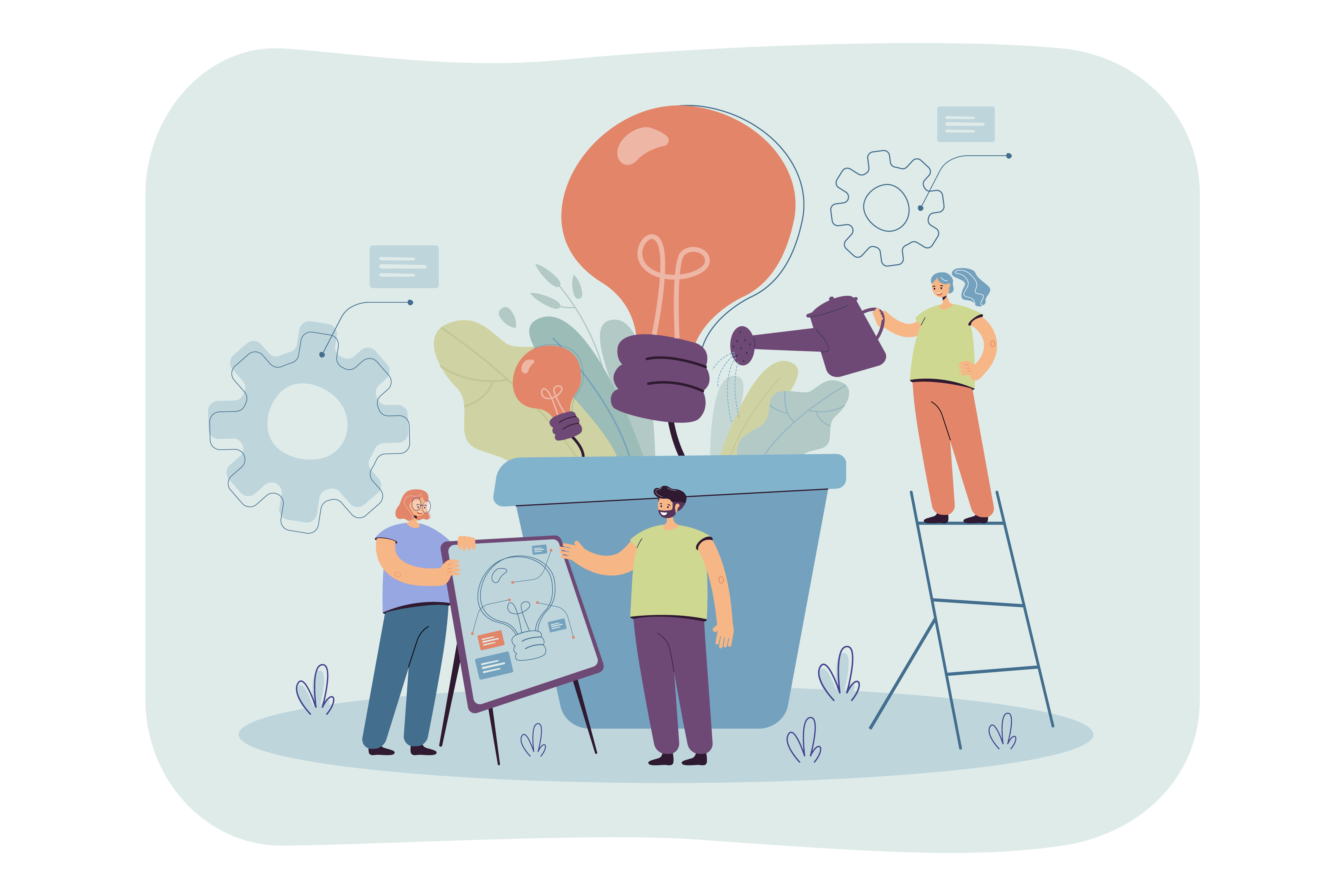 Team growing lightbulb plant. Business people creating ideas for climate change, environment, electricity. Flat vector illustration ecology, future, conservation teamwork concept
